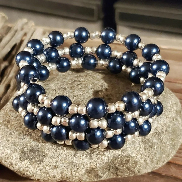 Handcrafted Dark Blue Glass Pearl Silver Beads Wra - Picture 1 of 5